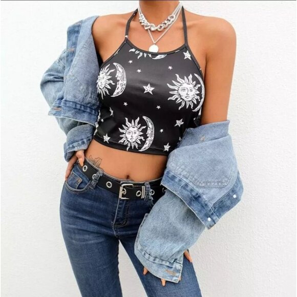 A Gothic Universe Halter Crop Top W/ Sun & Moon Celestial Print – Black White - Picture 6 of 8